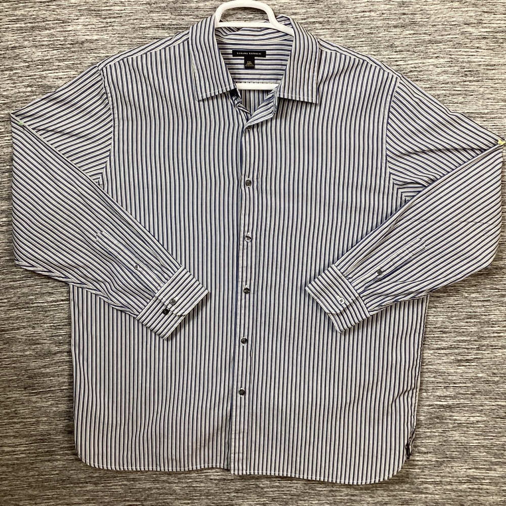 BR Men’s NavyBlue Black Stripes Button Down Long Sleeve Collared Dress Shirt